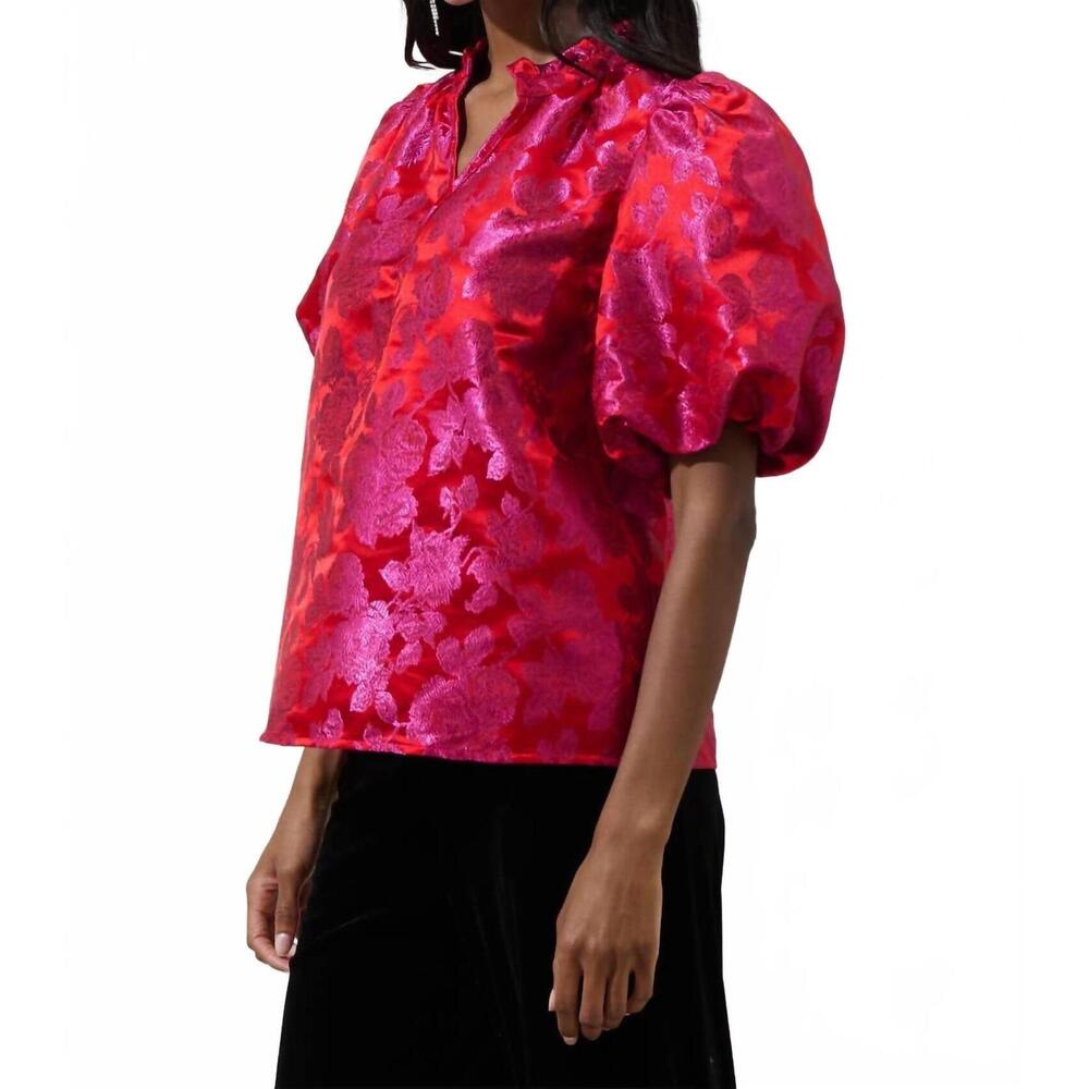 Sugarlips Red Pink Floral Jacquard Puff Sleeve Blouse - Picture 3 of 7